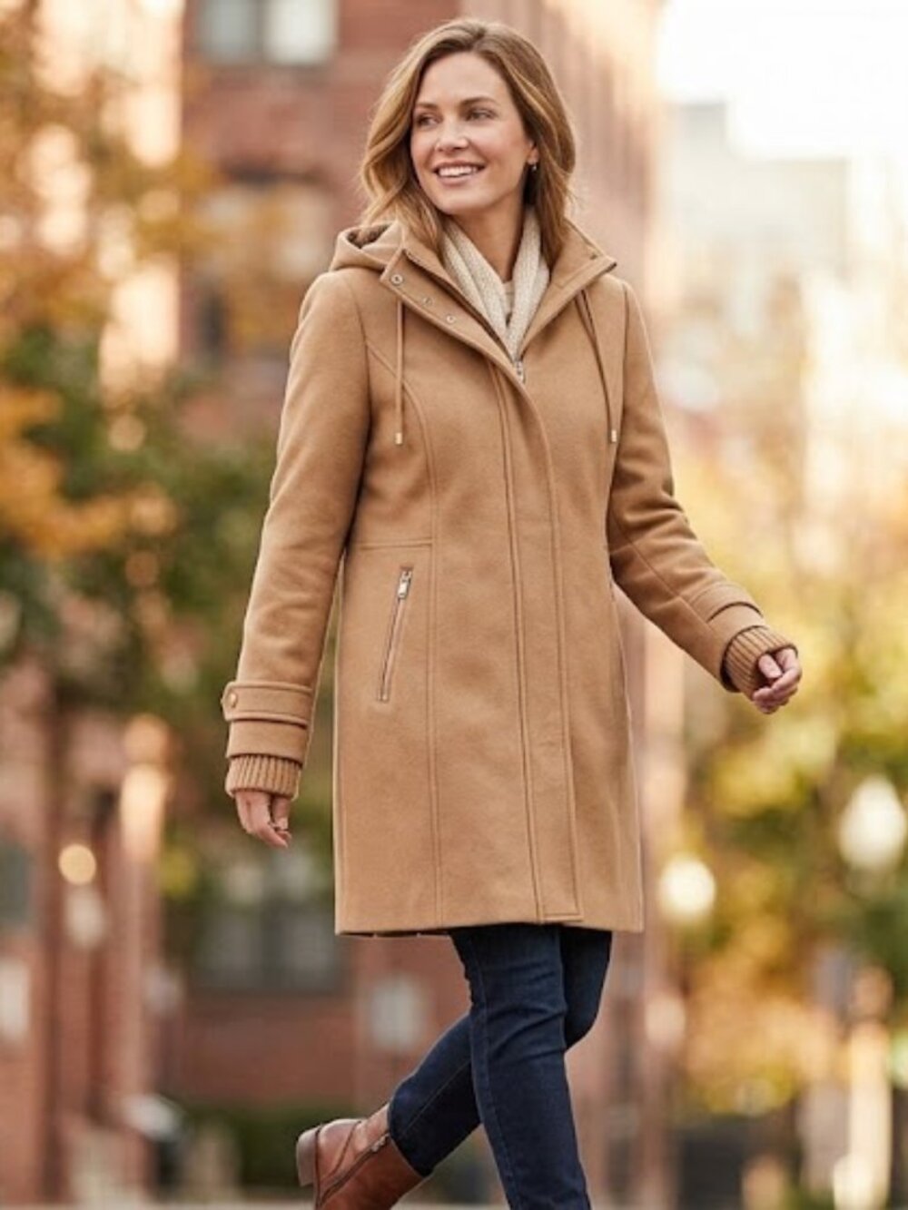 Woman Within Camel Wool Blend Hooded Zip Front Long Coat Jacket Plus Size 1X